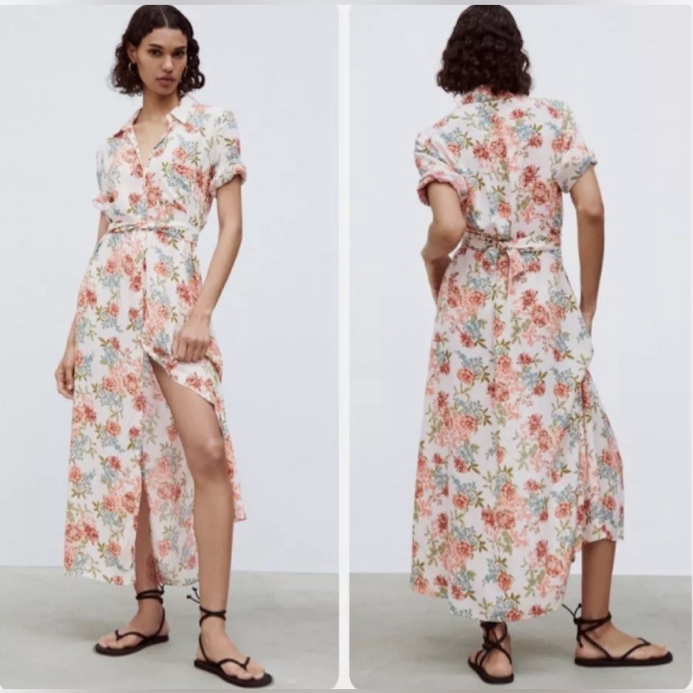 ZARA Women Allison Cream Floral Button Front Maxi Shirt Dress in US Medium